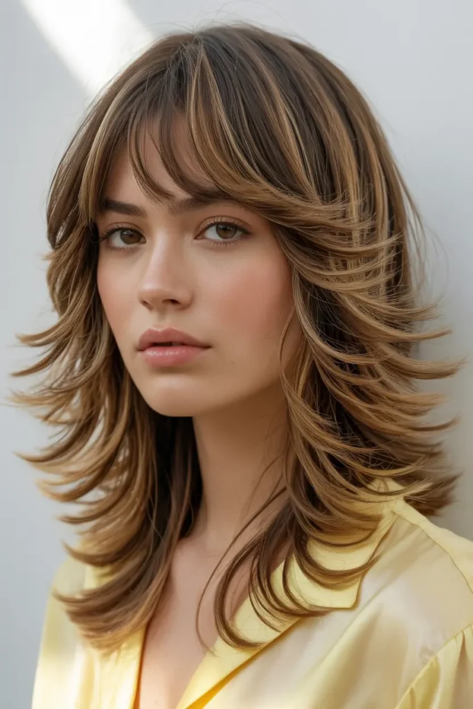 24. Layered Butterfly Haircut with Curtain Bangs and Highlights