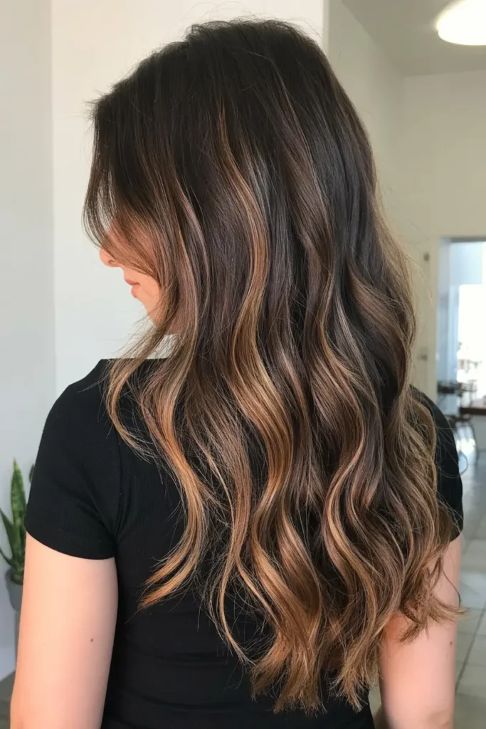 20 Sleek and Stunning Dark Chocolate Brown Hair Color Ideas 37 19. Dark Chocolate with Bronde Tips