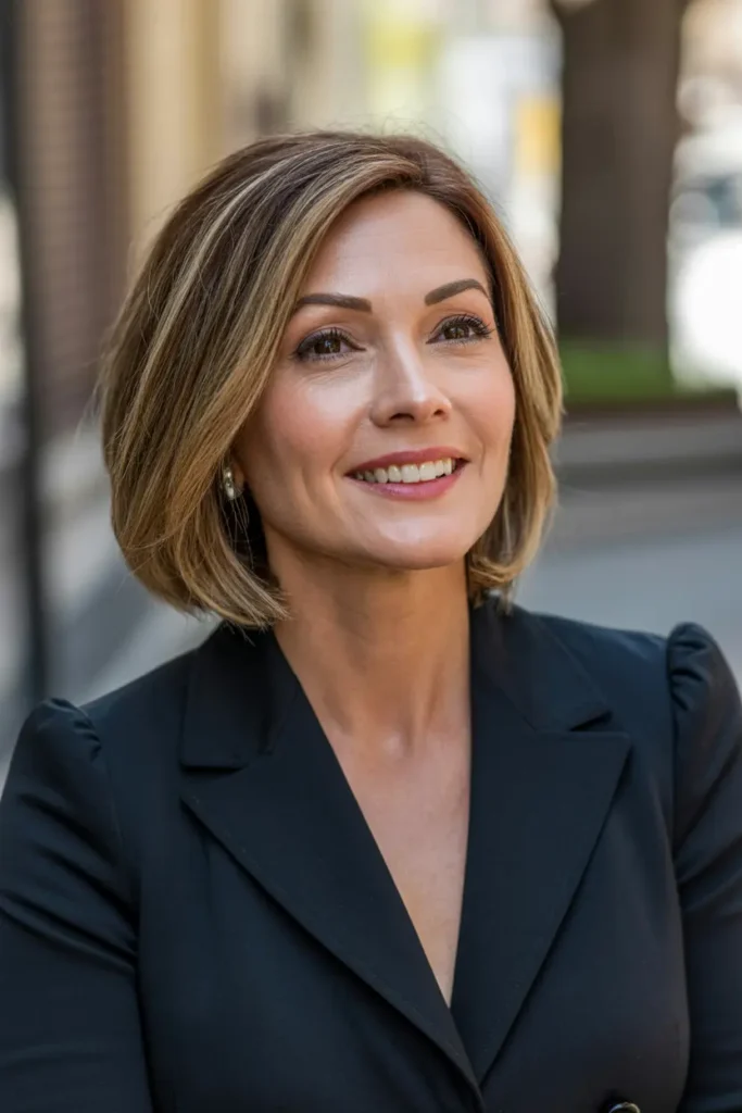 28. Highlighted Layered Bob with Blunt Ends