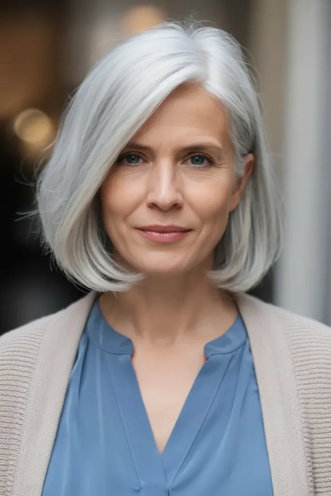 29. Silver Side Parted Medium Hair