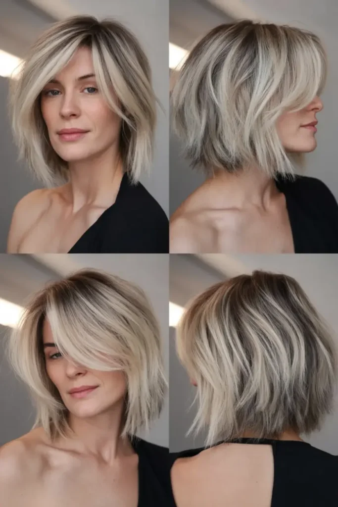 60. Angled Blonde Balayage Shag