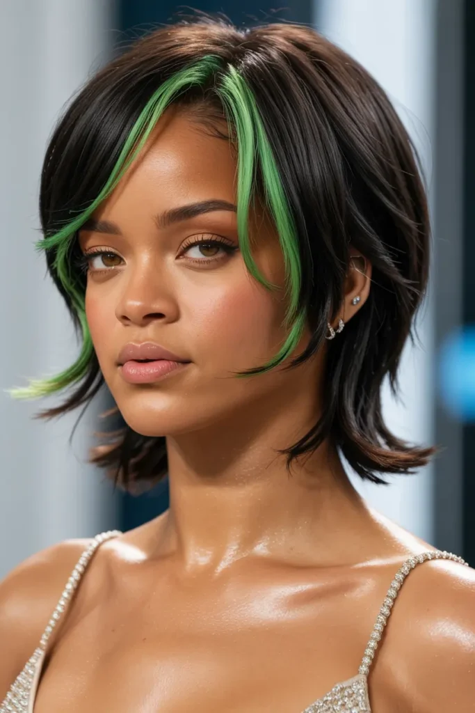 1. Black Pixie Mullet with Green Highlights