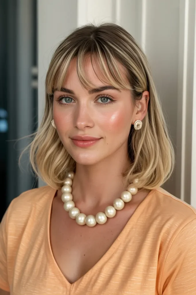 1. Blonde Balayage with Curtain Bangs for Medium Hair