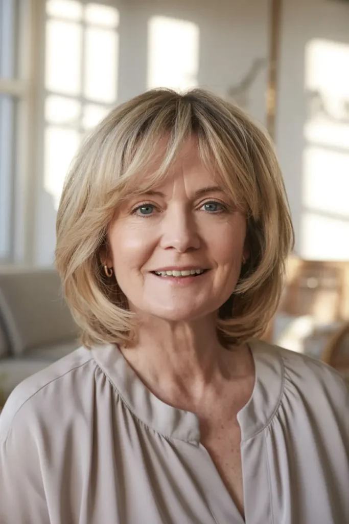 1. Layered Bob with Bangs