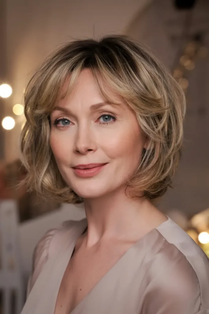 1. Layered Bob with Feathered Bangs