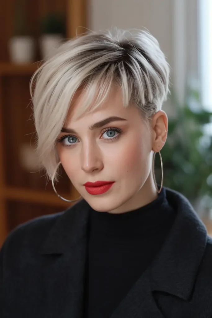 12. Platinum 90s Pixie Cut with Side Swept Bangs