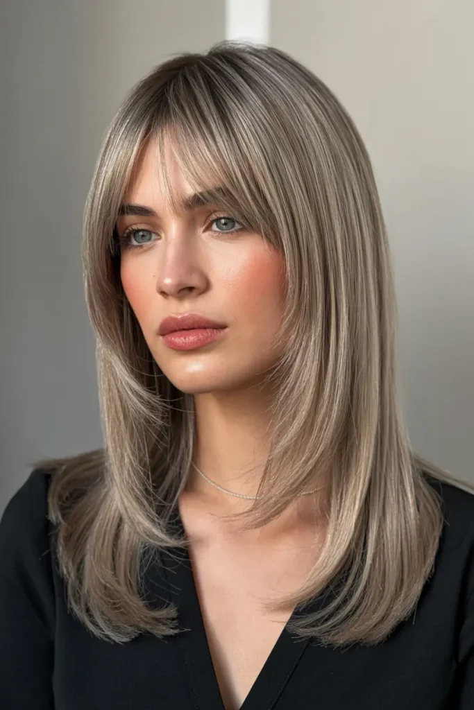 12. Sleek Straight Hair with Curtain Bangs for Medium Hair