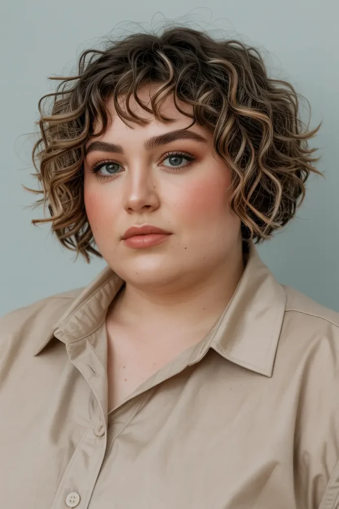 13. Curly Bob with Bangs Short Haircut for Chubby Faces
