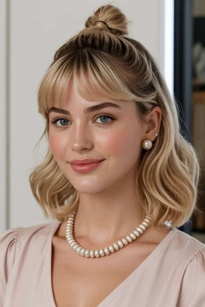 52 stunning Half Up Half Down Hairstyles for Short Hair 25 13. Faux Bangs Half Down Style