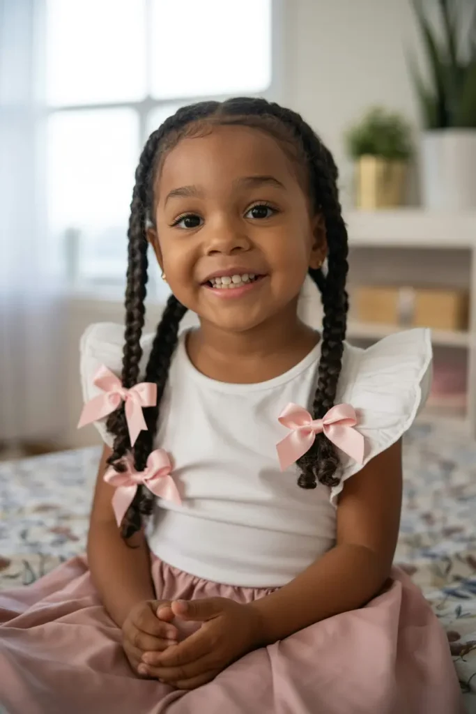 13.braided pigtails for black kids with bows