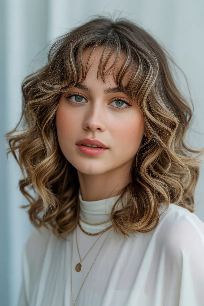 14. Bouncy Curls with Curtain Bangs for Medium Hair