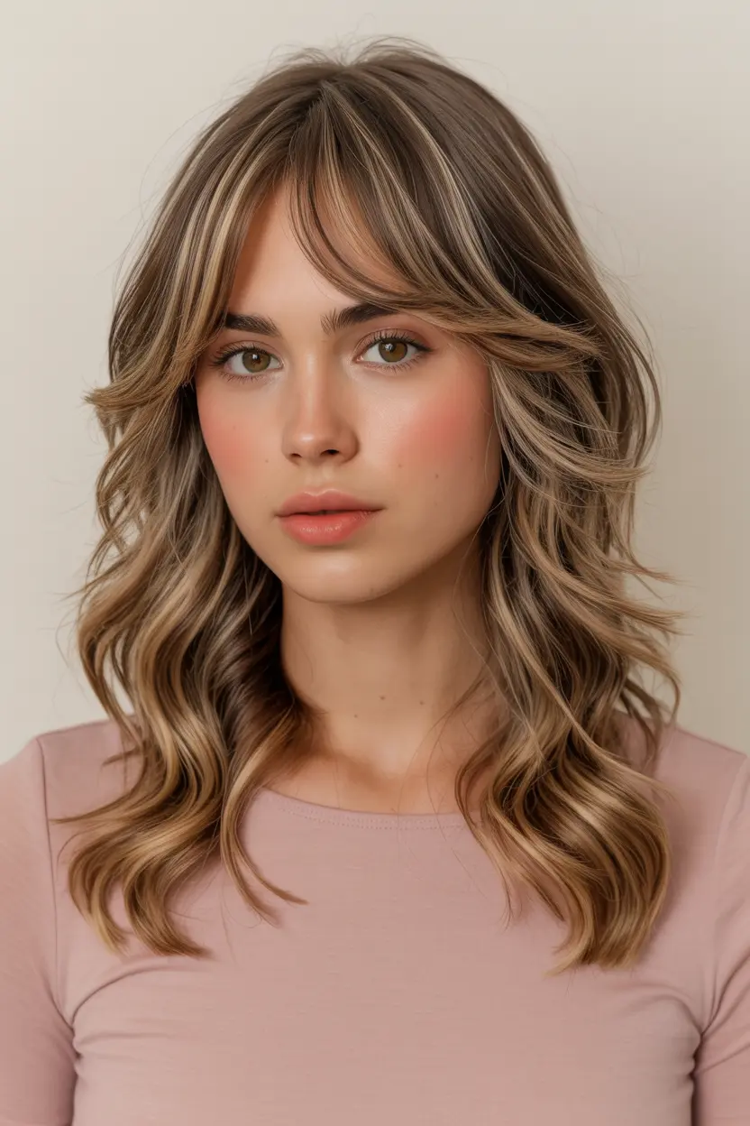 15. Beachy Waves with Curtain Bangs for Medium Hair