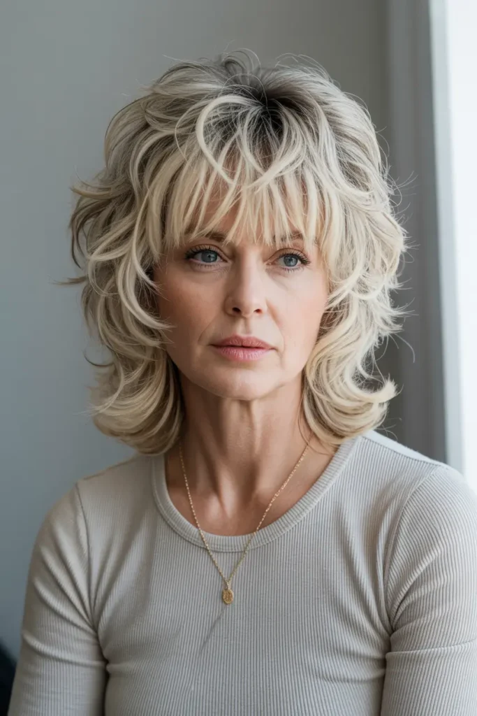 15. Tousled Layered Shag with Bangs