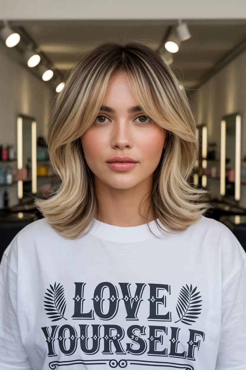 16. Center Parted Curtain Bangs for Medium Hair