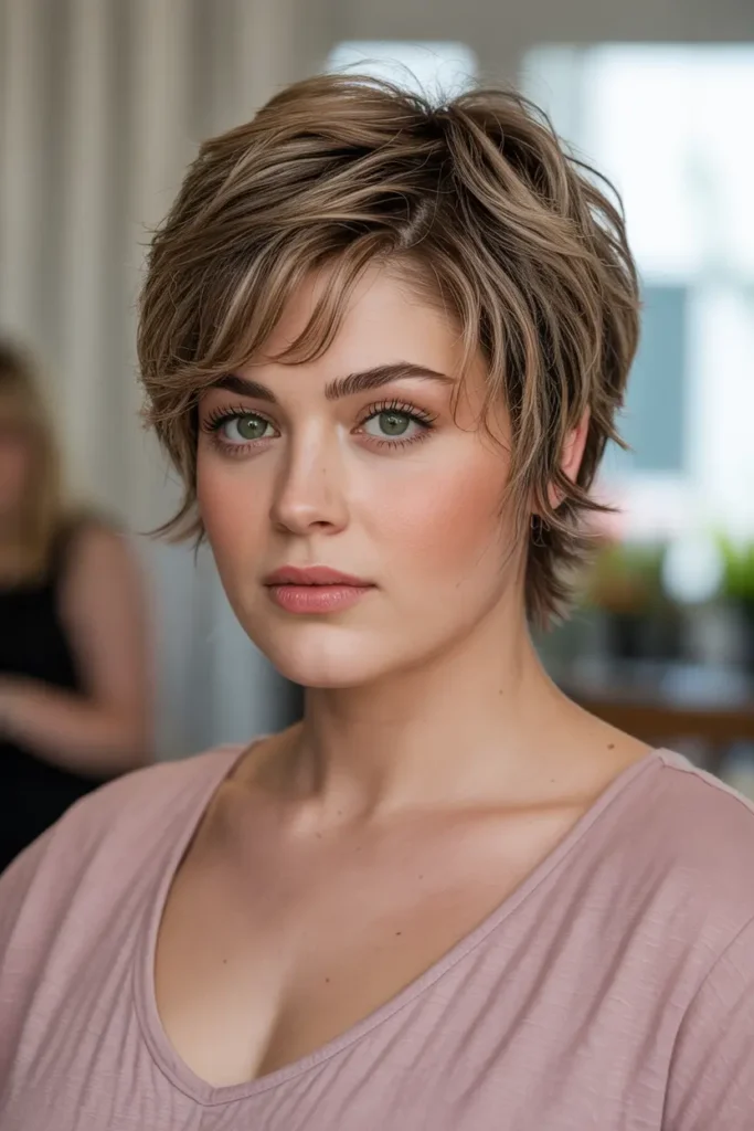 16. Longer Pixie with Textured Layers Short Haircut for Chubby Faces