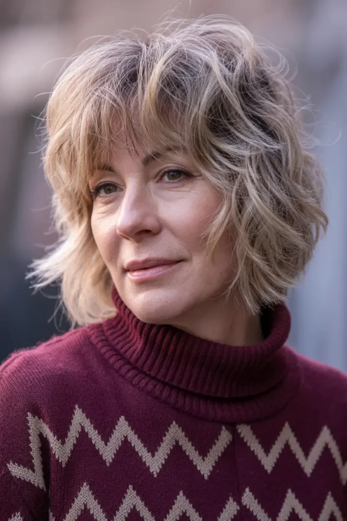 42 Stylish Medium Length Layered Haircuts to Try in 2025 31 16. Messy Shaggy Lob with Bangs