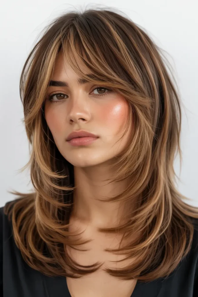 17. Feathered Layers with Curtain Bangs for Medium Hair