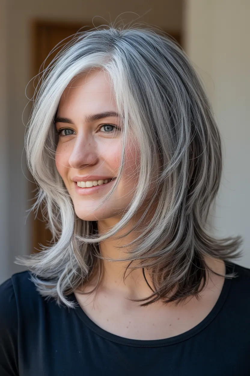 17. Medium Length Wispy Silver Layers