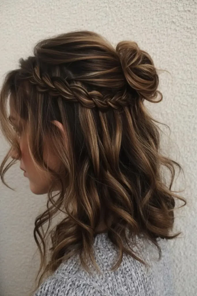 52 stunning Half Up Half Down Hairstyles for Short Hair 33 17. Wavy Half Bun Look