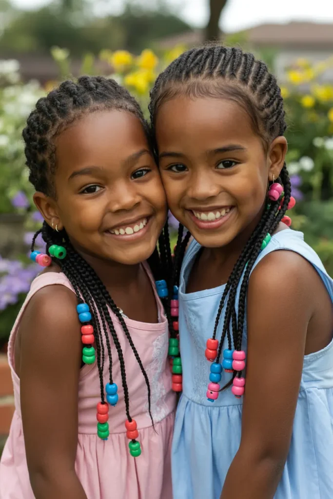 17.braided pigtails for black kids with colorful beads