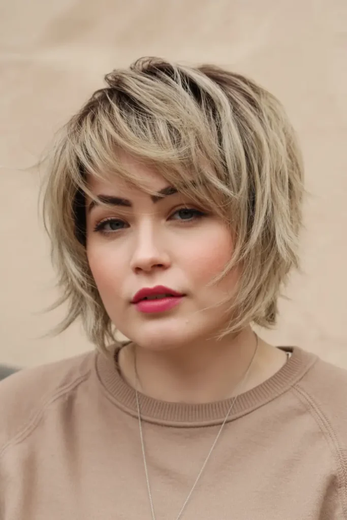 18. Textured Short Hair with Long Layers Short Haircut for Chubby Faces