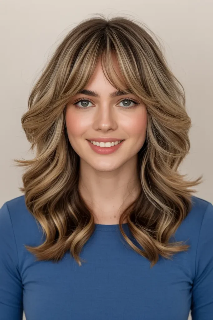 19. Loose Waves with Textured Curtain Bangs for Medium Hair