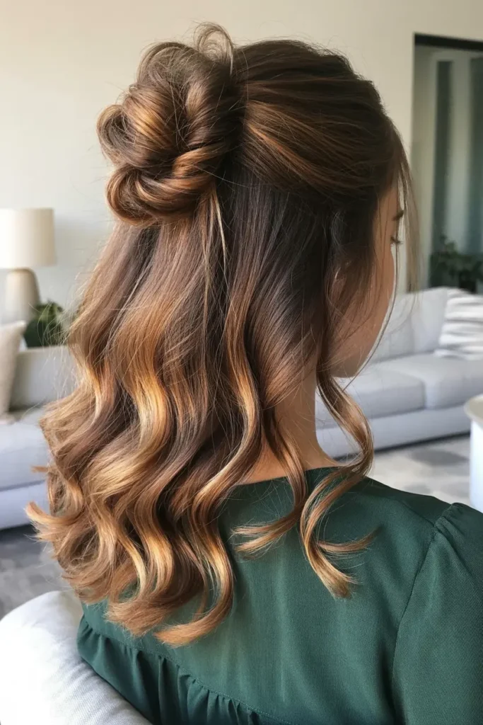 52 stunning Half Up Half Down Hairstyles for Short Hair 37 19. Messy Bun Half Up Style