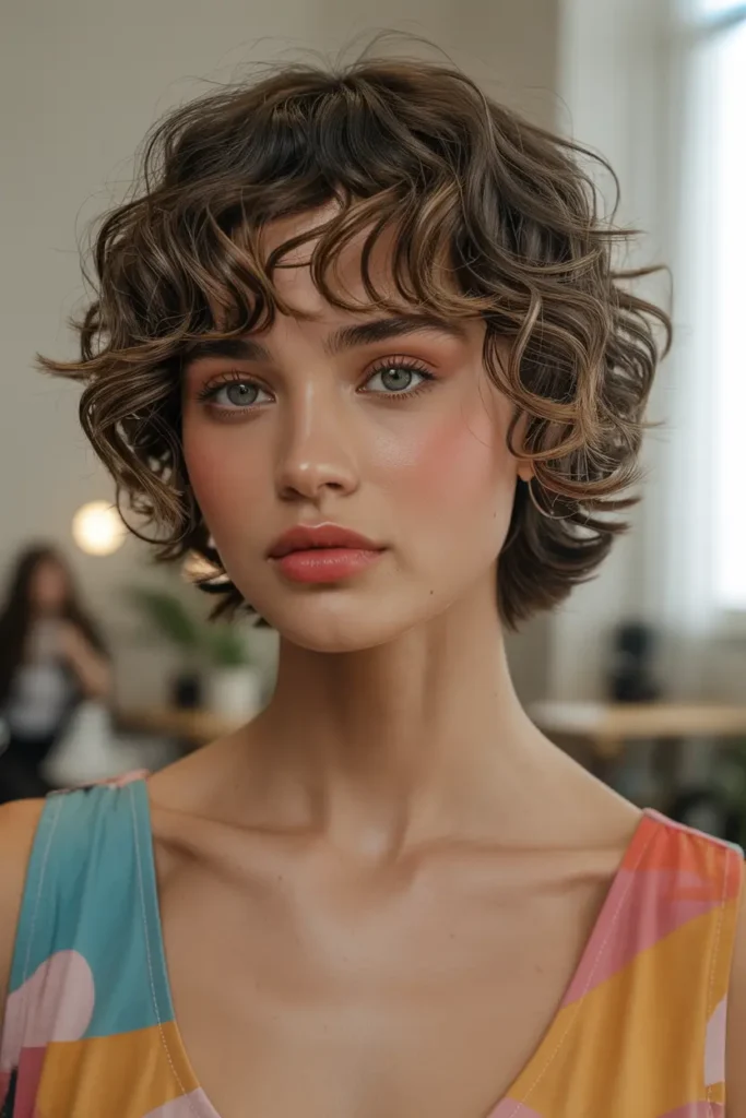 19. Short Curly Hair with Curtain Bangs