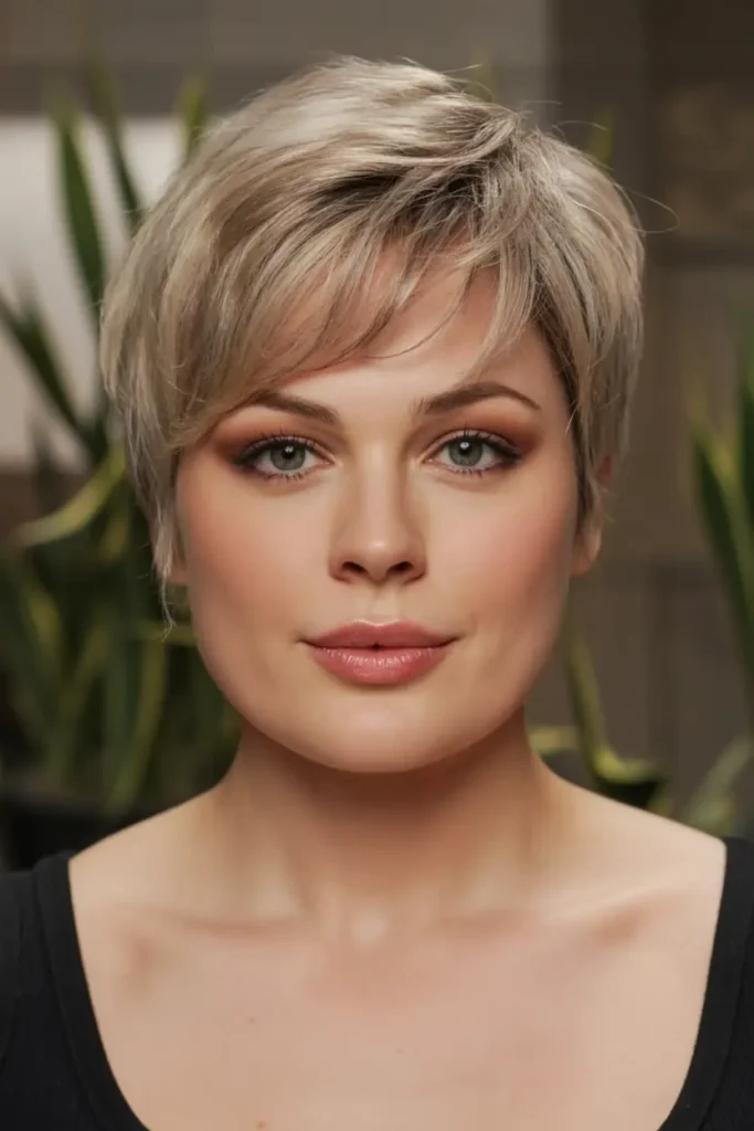 2. Choppy Pixie with Side Bangs Short Haircut for Chubby Faces
