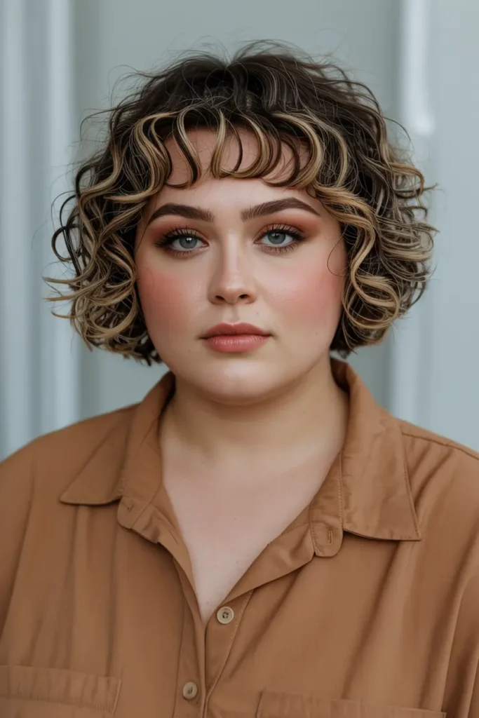 20. Curly Bob with Piece y Bangs Short Haircut for Chubby Faces