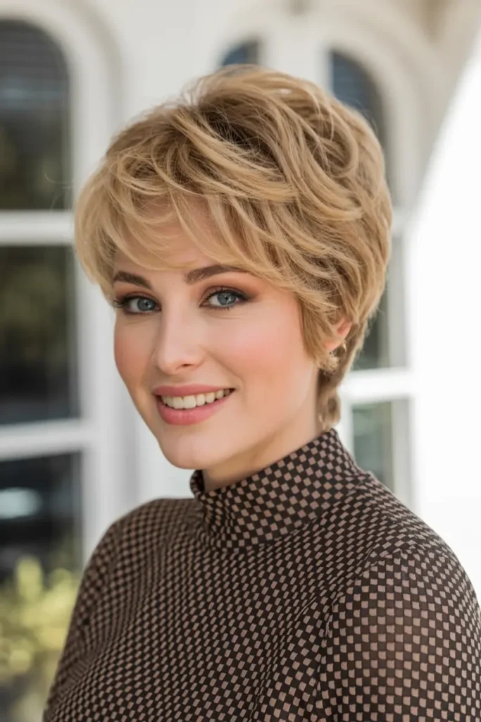 42 Stylish Medium Length Layered Haircuts to Try in 2025 39 20. Golden Blonde Pixie with Balayage