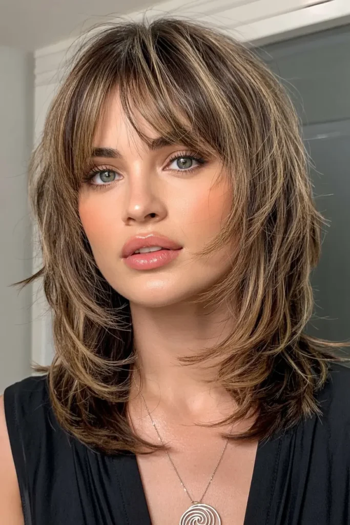 20. Shoulder Length Shag with Long Bangs