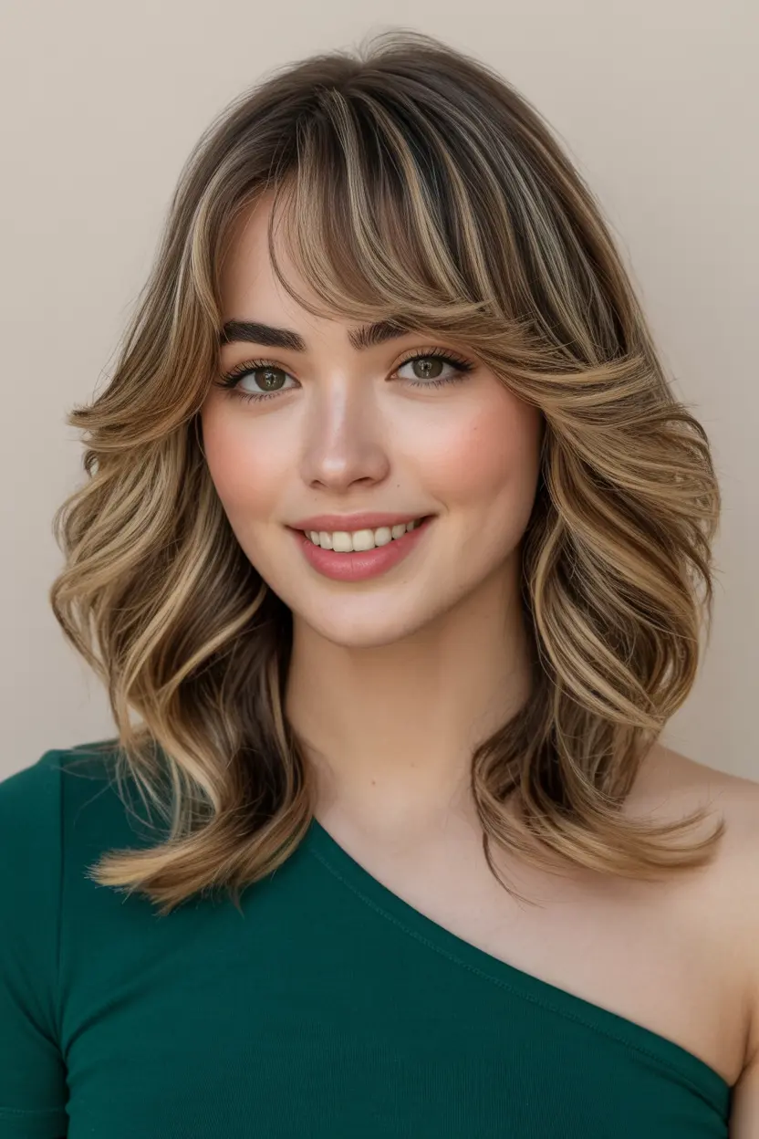 21. Side Parted Soft Waves with Curtain Bangs for Medium Hair
