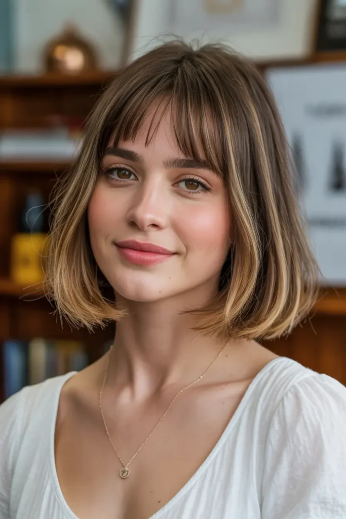 22. Blunt Bob with Wispy Curtain Bangs for Medium Hair