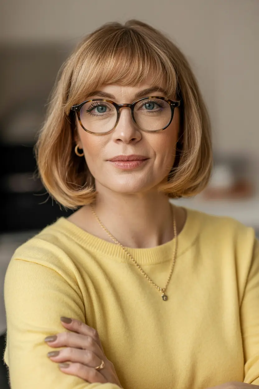 22. Chin Length Rounded Bob with Bangs