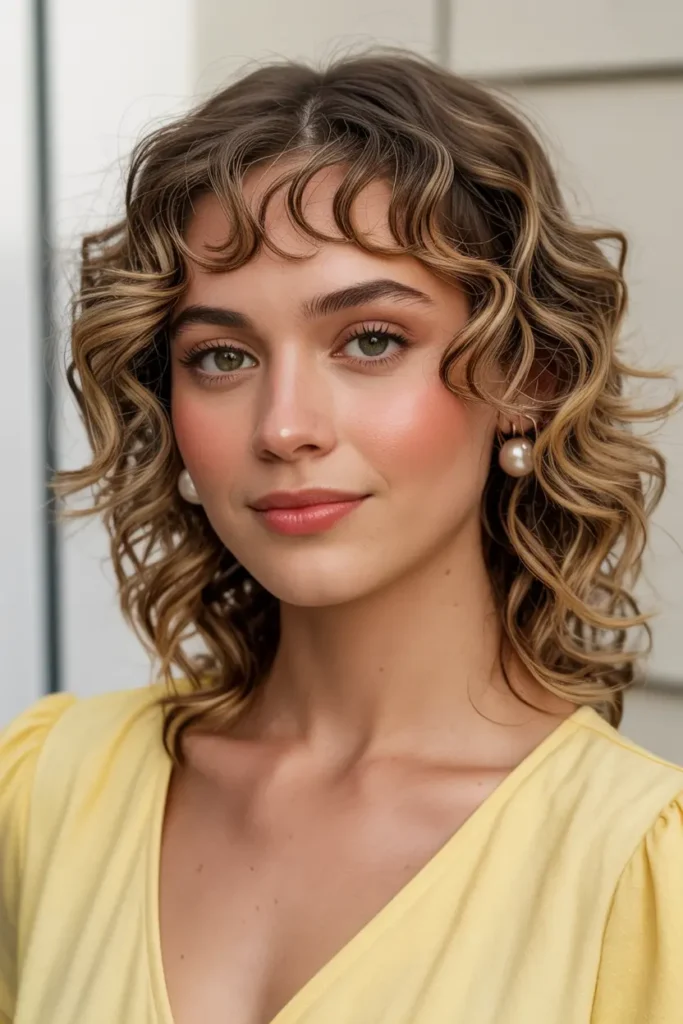 23. Curly Medium Hair with Curtain Bangs