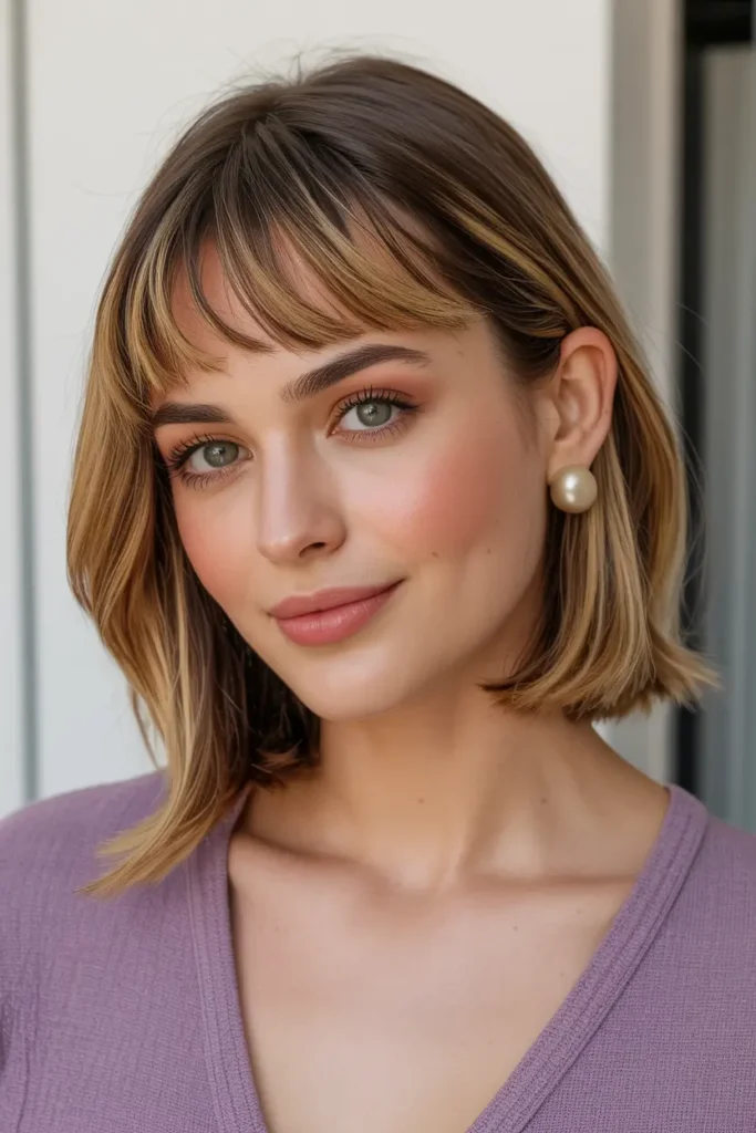 24. Lob with Curtain Bangs for Medium Hair and Round Faces