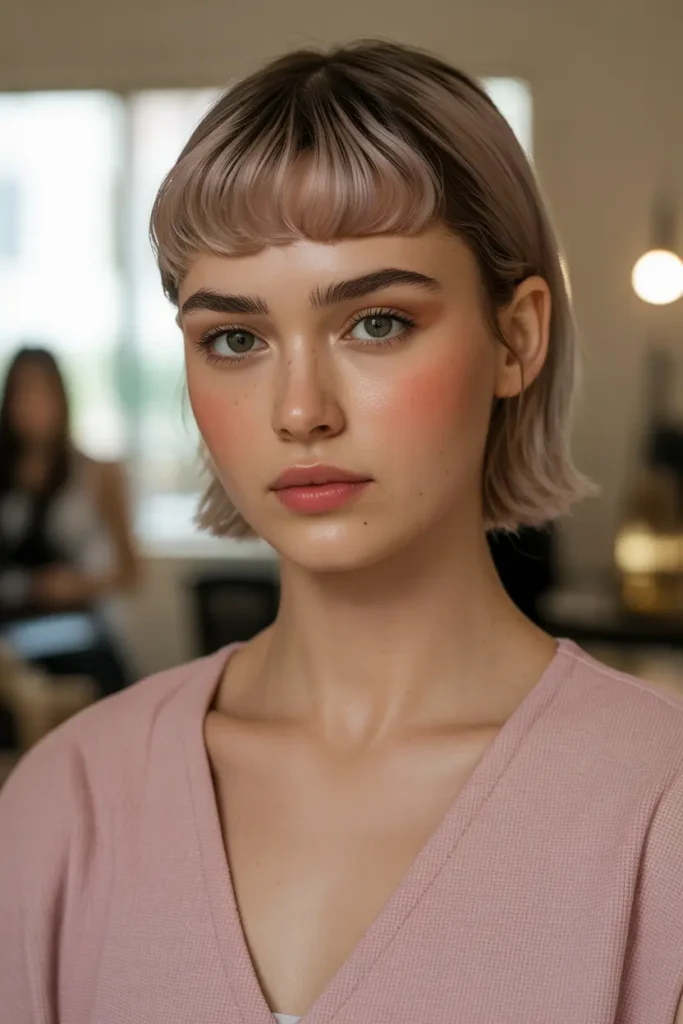 24. Short Hair with Curtain Bangs and E Girl Streaks