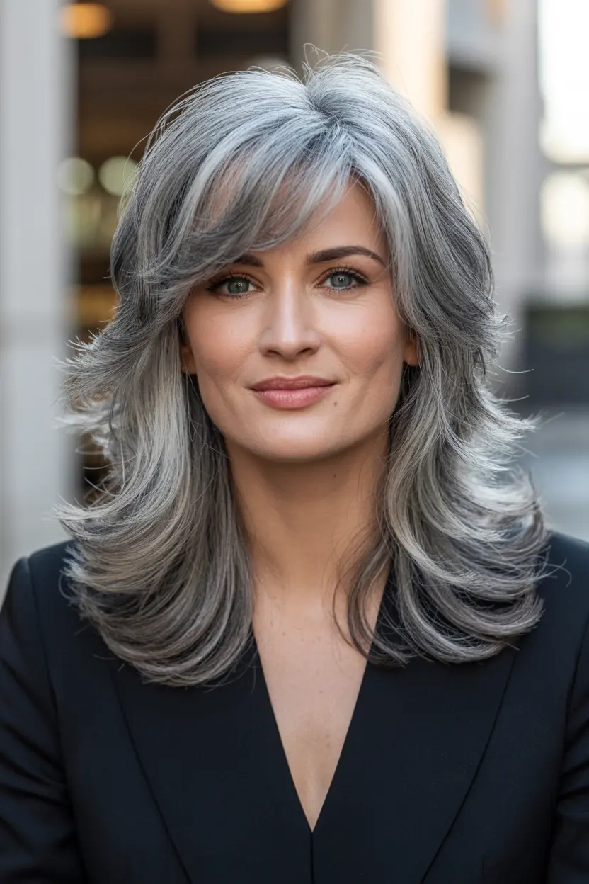 26. Silver Gray Layers with Side Swept Bangs