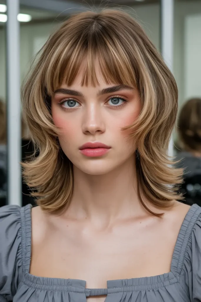 27. Butterfly Haircuts for Medium Hair with Blunt Bangs