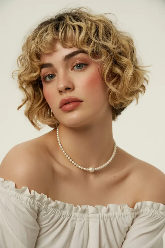 27. Curly Bob with Short Hair With Curtain Bangs