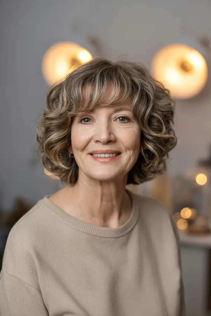 28. Curly Layered Bob with Bangs