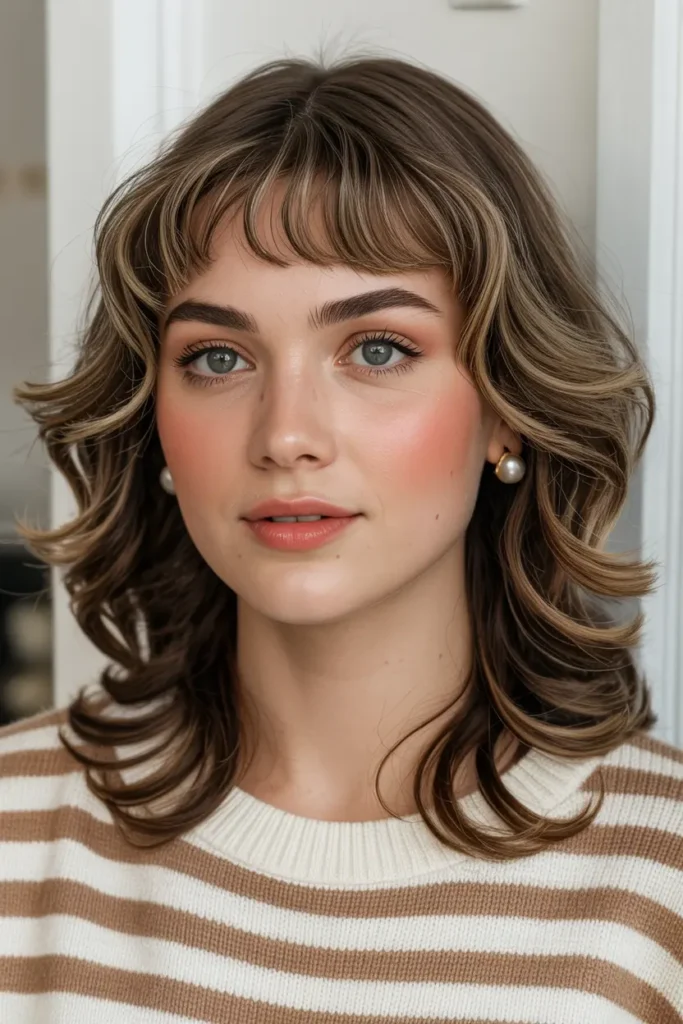 28. Shoulder Length Brunette Ringlets with Bangs