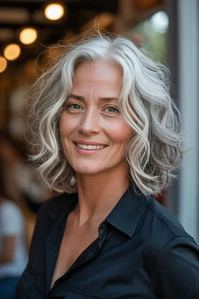 29. Silver Waves with Bangs for Thin Hair