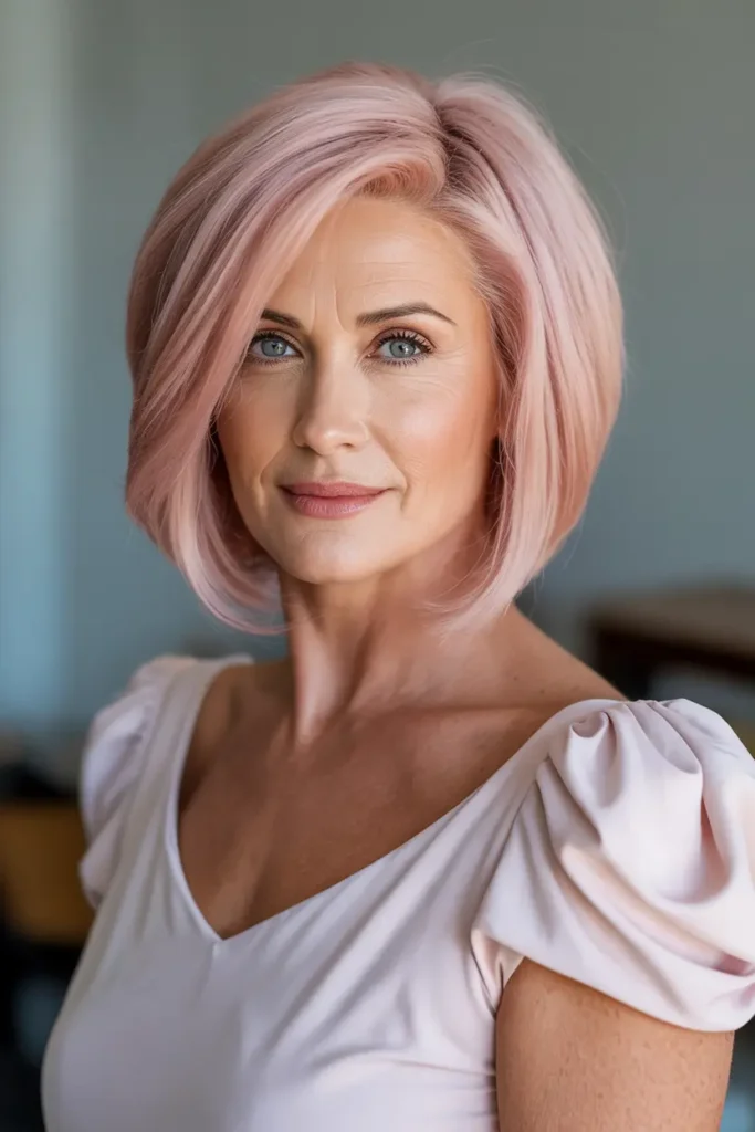 42 Stylish Medium Length Layered Haircuts to Try in 2025 5 3. Pastel Pink Asymmetrical Bob