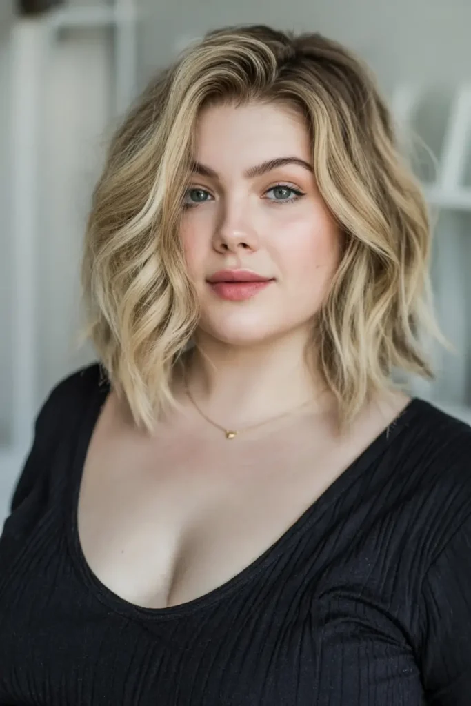 3. Textured Lob with Layers Short Haircut for Chubby Faces