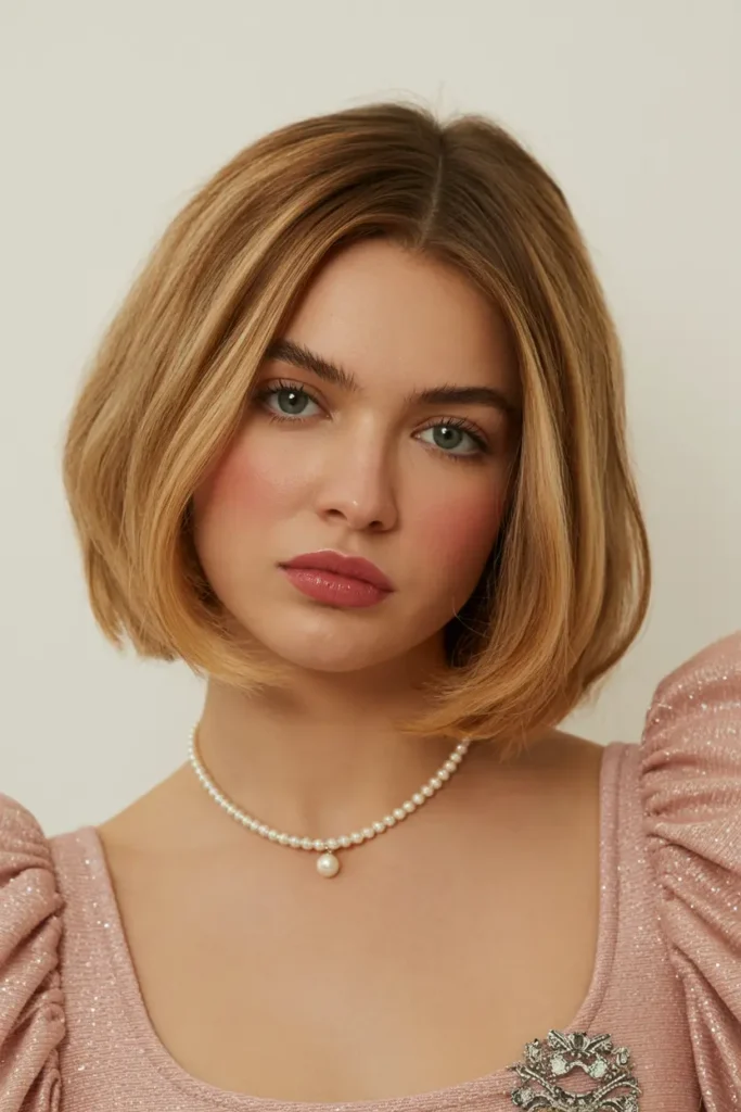 32. Neat Layered Caramel Blonde Bob