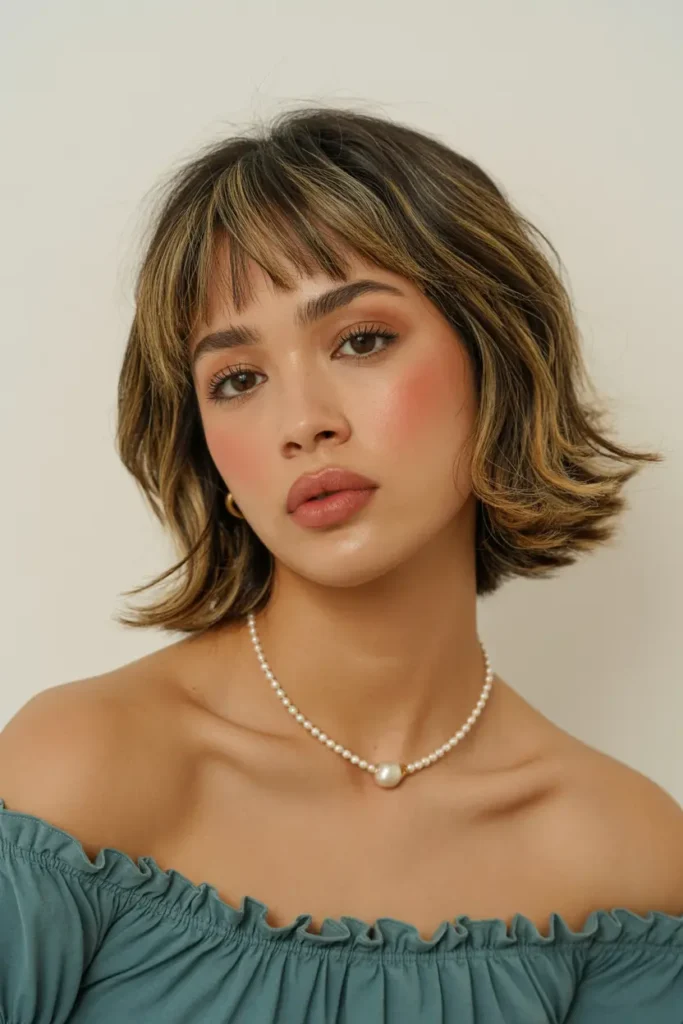 32. Textured Lob with Short Hair With Curtain Bangs