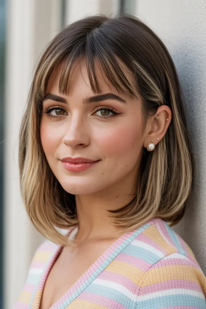 33. Fresh Inverted Bob with Bangs and Highlights