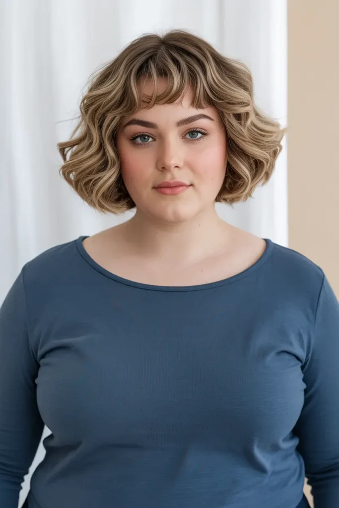 33. Soft Wavy Bob with Fringe Short Haircut for Chubby Faces